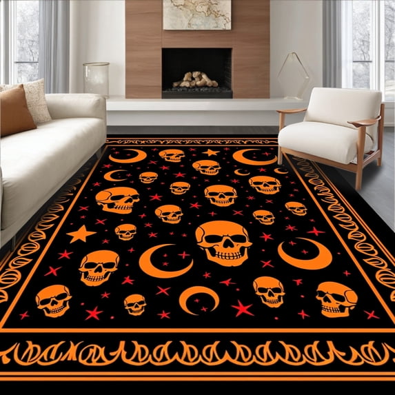 ODIKA 8'x10' Machine Washable Non-Slip Area Rug, Sinister Skull with Creepy Moons Gothic Accent High Traffic Rug with Pad, Orange, 514400