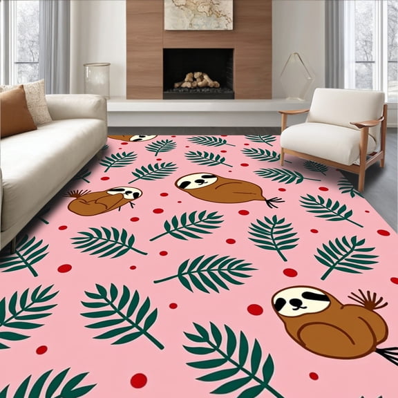 ODIKA 8'x10' Machine Washable Non-Slip Area Rug, Sleepy Rainforest Animal Crochet Hook Weaving Kit Christmas Decoration High Traffic Rug, Pink, 635036