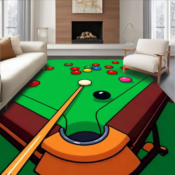 ODIKA 8'x10' Machine Washable Non-Slip Area Rug, Snooker Table Balls Cue Motif High Traffic Rug, Green, 841087