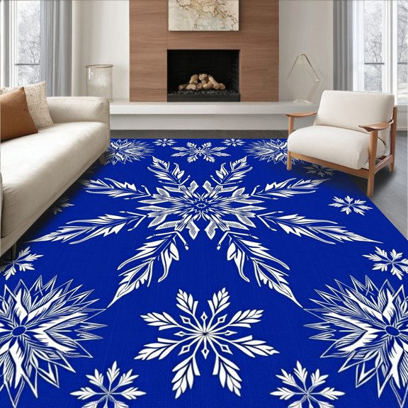 ODIKA 8'x10' Machine Washable Non-Slip Area Rug, Snowflake Crystal Holiday with Festive Winter Motifs High Traffic Rug, Blue, 629789
