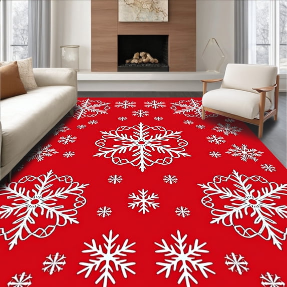 ODIKA 8'x10' Machine Washable Non-Slip Area Rug, Snowflake Crystal Medallion Design with Winter Celebration High Traffic Rug, Red, 507721