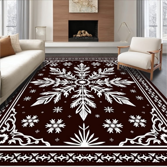 ODIKA 8'x10' Machine Washable Non-Slip Area Rug, Snowflake Holiday of Anti Fatigue Floor High Traffic Rug, Brown, 630425
