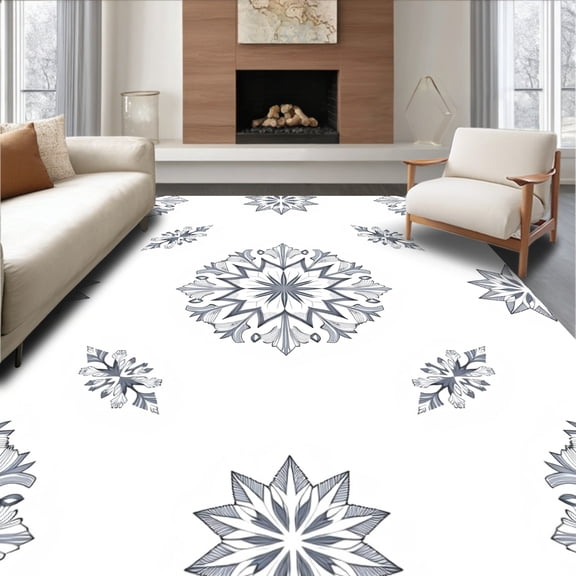 ODIKA 8x10 Machine Washable Non-Slip Area Rug, Snowflake Latch Hook Kit Pre Printed Canvas Embroidery Needlework High Traffic Rug, White, 645882