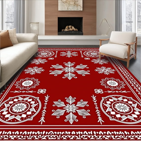 ODIKA 8'x10' Machine Washable Non-Slip Area Rug, Snowflake Medallion Holiday Festive Winter Wonderland Design High Traffic Rug with Pad, Red, 746394