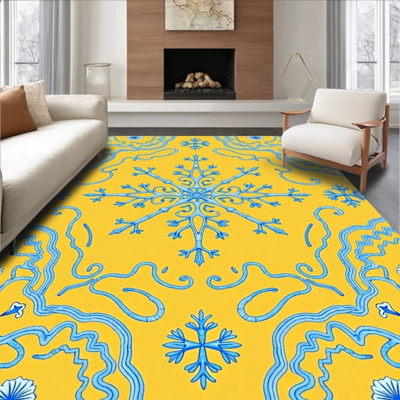 ODIKA 8'x10' Machine Washable Non-Slip Area Rug, Snowflake Medallion with Festive Scrollwork and Nordic Accents High Traffic Rug, Gold, 629704