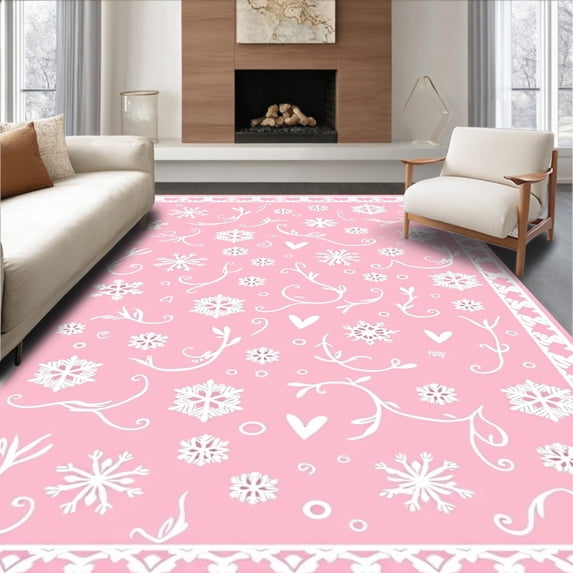 ODIKA 8x10 Machine Washable Non-Slip Area Rug, Snowflake Medley with Whimsical Accents and Swirling Vines High Traffic Rug, Pink, 739967