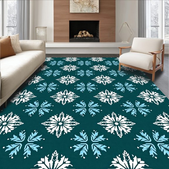 ODIKA 8'x10' Machine Washable Non-Slip Area Rug, Snowflake Wonderland Holiday High Traffic Rug, Blue, 629784