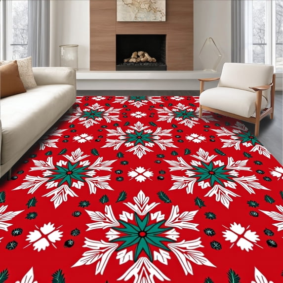 ODIKA 8'x10' Machine Washable Non-Slip Area Rug, Snowflake with Festive Pine and Holly Accents High Traffic Rug with Pad, Red, 611497