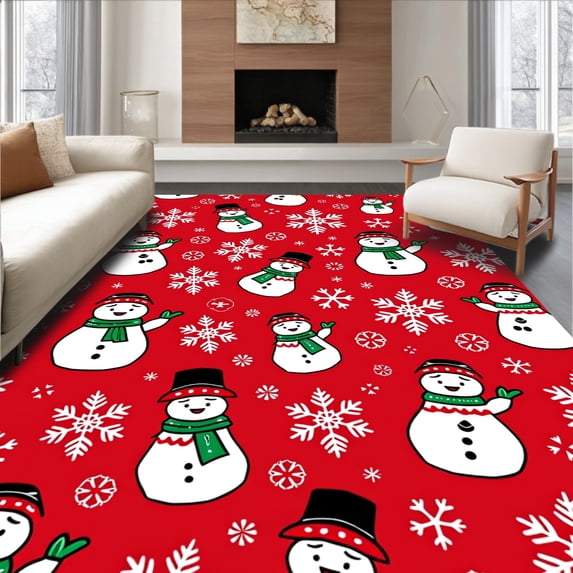 ODIKA 8'x10' Machine Washable Non-Slip Area Rug, Snowman Patchwork Joyful Holiday with Nordic Motif Accents High Traffic Rug, Red, 505647