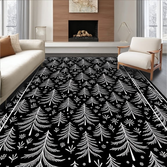 ODIKA 8x10 Machine Washable Non-Slip Area Rug, Snowy Conifer Branch Half Circle Yuletide Entrance Decoration High Traffic Rug, Black, 612592