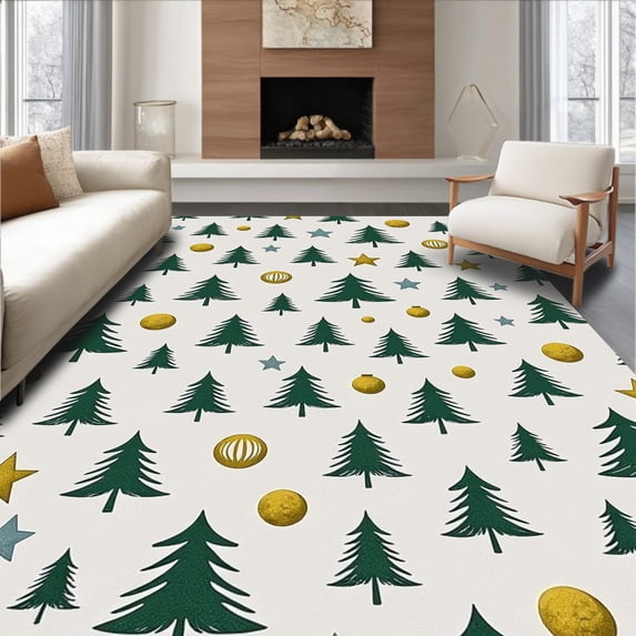 ODIKA 8'x10' Machine Washable Non-Slip Area Rug, Snowy Pine Grove with Festive Bauble Accents and Details High Traffic Rug with Pad, Green, 605986