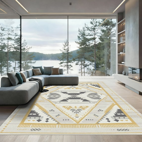 ODIKA 8'x10' Machine Washable Non-Slip Area Rug, Southwestern Beige High Traffic Rug with Pad, Beige, 1021782