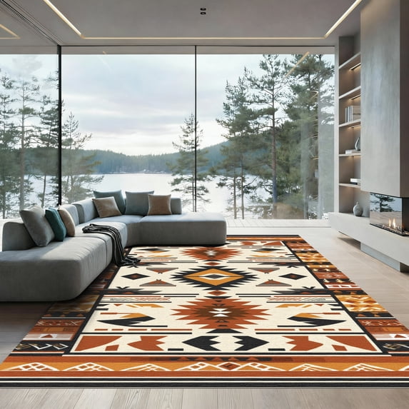 ODIKA 8'x10' Machine Washable Non-Slip Area Rug, Southwestern Beige High Traffic Rug with Pad, Beige, 1030468