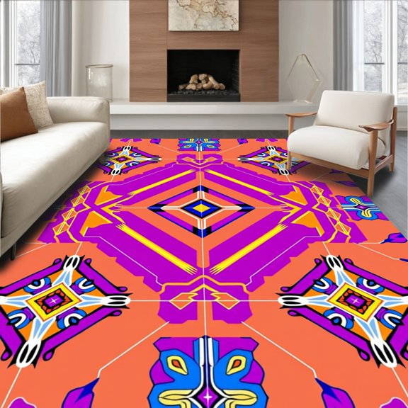 ODIKA 8'x10' Machine Washable Non-Slip Area Rug, Southwestern Medallion Design Featuring Intricate Lines High Traffic Rug, Purple, 475211