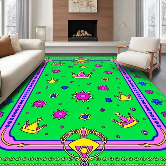 ODIKA 8'x10' Machine Washable Non-Slip Area Rug, Sparkling Jewels and Blossoms with Dotted Borders High Traffic Rug with Pad, Green, 724560