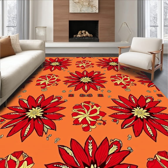 ODIKA 8'x10' Machine Washable Non-Slip Area Rug, Sparkling Poinsettia Bloom Medallion Ornamental High Traffic Rug with Pad, Orange, 613902