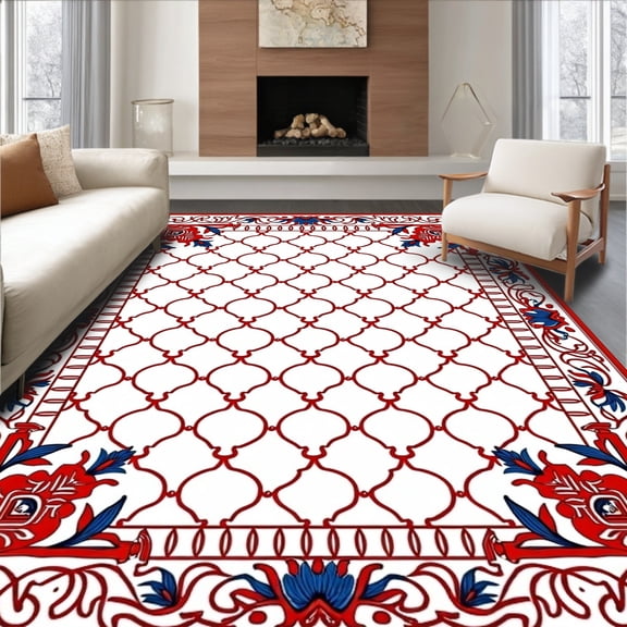 ODIKA 8'x10' Machine Washable Non-Slip Area Rug, Spice Garden Lattice with Stylized Botanical Accents High Traffic Rug, Red, 547846