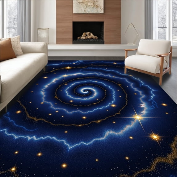 ODIKA 8'x10' Machine Washable Non-Slip Area Rug, Spiral Galaxy Constellation Cave Tunnel Sanctuary with Removable Base High Traffic Rug, Blue, 679361