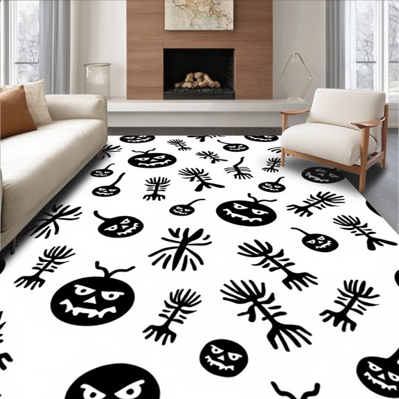 ODIKA 8'x10' Machine Washable Non-Slip Area Rug, Spooky Halloween Festive Skeleton Bone Decoration High Traffic Rug, Black, 463432