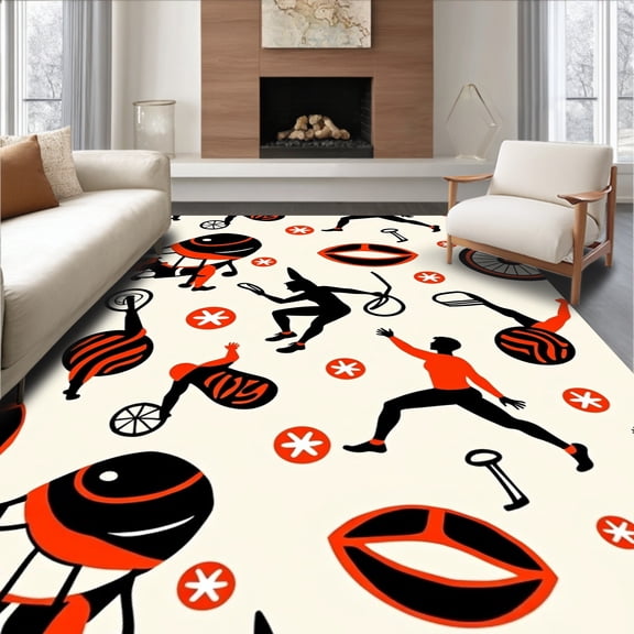 ODIKA 8'x10' Machine Washable Non-Slip Area Rug, Sports Equipment Gear Collage Athletic Training Workout High Traffic Rug, Black, 669609