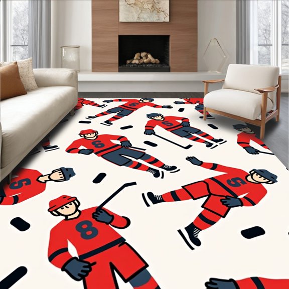 ODIKA 8'x10' Machine Washable Non-Slip Area Rug, Hockey Abstract Design with Energetic Player Figures and Pucks High Traffic Rug, Red, 677971