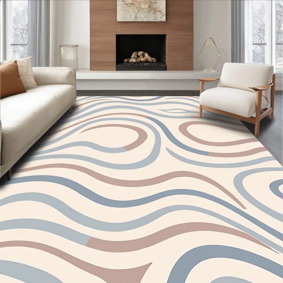 ODIKA 8'x10' Machine Washable Non-Slip Area Rug, Square Cushion Featuring Rippled Wave Motifs High Traffic Rug, Ivory, 616900