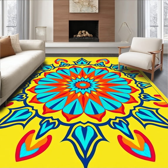 ODIKA 8'x10' Machine Washable Non-Slip Area Rug, Starburst Fluffy Accent High Traffic Rug with Pad, Yellow, 526599