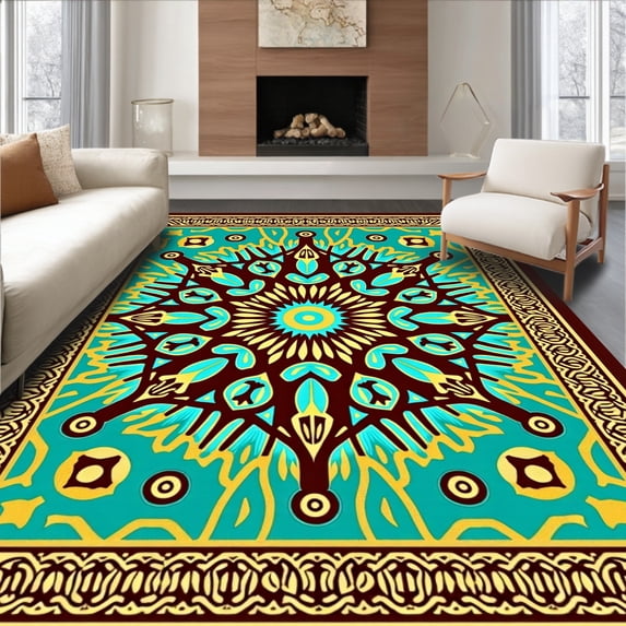 ODIKA 8'x10' Machine Washable Non-Slip Area Rug, Starburst Medallion Decorative with Central Focal Point Design High Traffic Rug with Pad, Brown, 496958