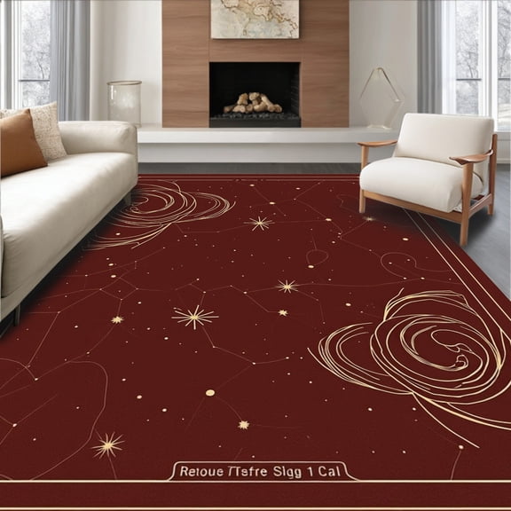 ODIKA 8x10 Machine Washable Non-Slip Area Rug, Starry Night Galaxy Constellation Map Celestial Design Shag High Traffic Rug, Maroon, 614631