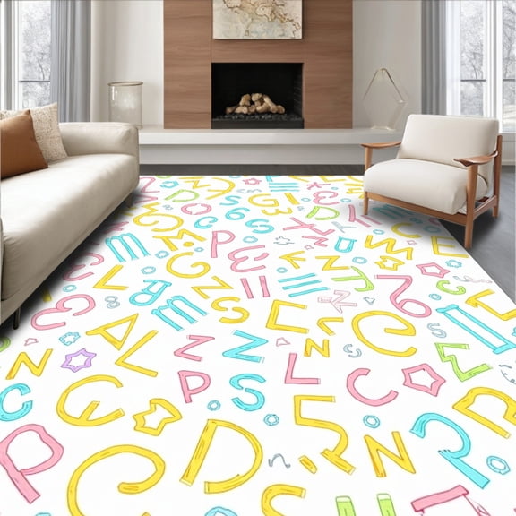 ODIKA 8'x10' Machine Washable Non-Slip Area Rug, Storybook Letters Wonderland Typographic Maze Artistic Motif High Traffic Rug, Yellow, 690007