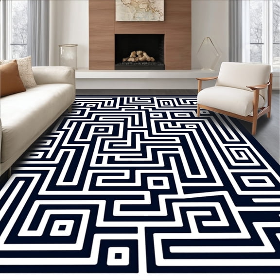 ODIKA 8'x10' Machine Washable Non-Slip Area Rug, Striking Maze Labyrinth Puzzle Avant garde Visual Composition High Traffic Rug, Black, 581863