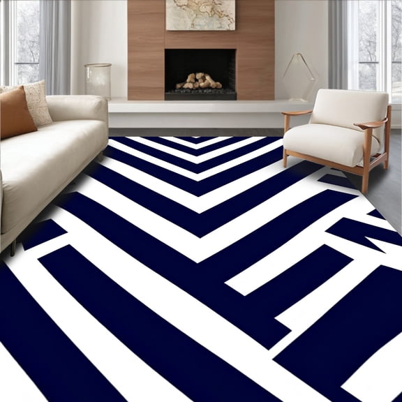 ODIKA 8'x10' Machine Washable Non-Slip Area Rug, Stripe Composition Featuring Bold Contrasting Lines High Traffic Rug, Blue, 716048