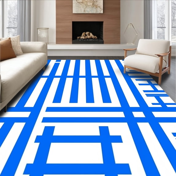 ODIKA 8'x10' Machine Washable Non-Slip Area Rug, Striped Checker Design Floor Accent with Classic Country Charm High Traffic Rug with Pad, Blue, 464606