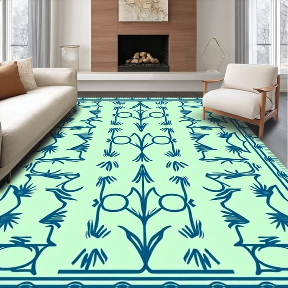 ODIKA 8'x10' Machine Washable Non-Slip Area Rug, Stylized Feather with Interlocking Abstract Shapes High Traffic Rug, Green, 463240