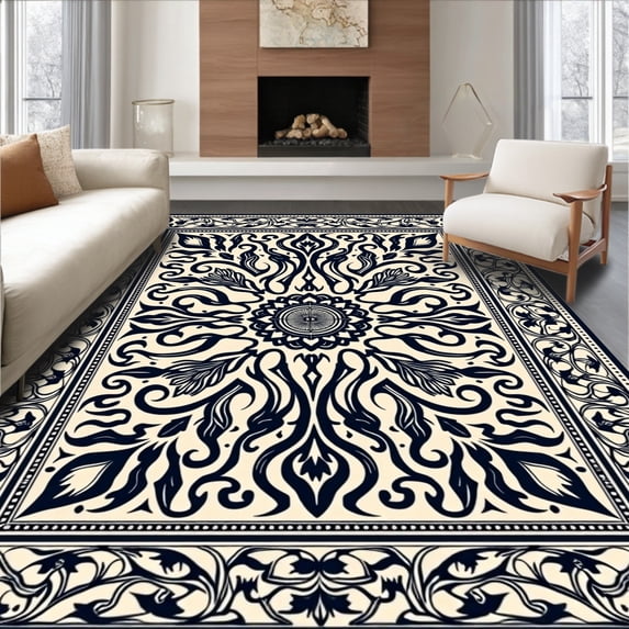 ODIKA 8'x10' Machine Washable Non-Slip Area Rug, Stylized Floral Motif with Curved Petals and Geometric Accents High Traffic Rug, Black, 382002
