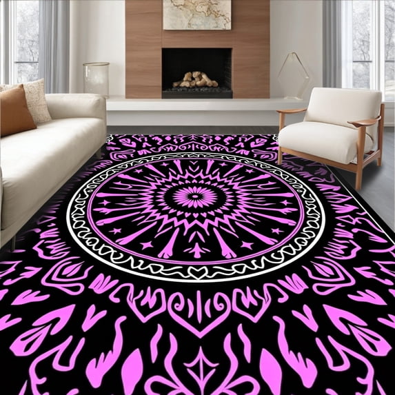 ODIKA 8'x10' Machine Washable Non-Slip Area Rug, Sunburst Interlocking Petal Design with Starry High Traffic Rug, Black, 710064
