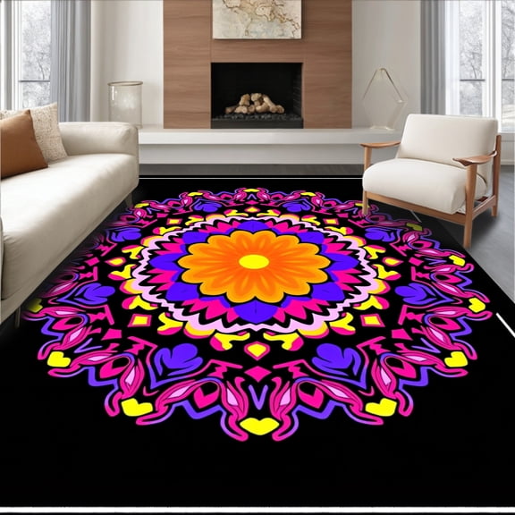 ODIKA 8'x10' Machine Washable Non-Slip Area Rug, Sunburst Latch Hook Kit Crochet Yarn Needlework DIY High Traffic Rug, Orange, 643151