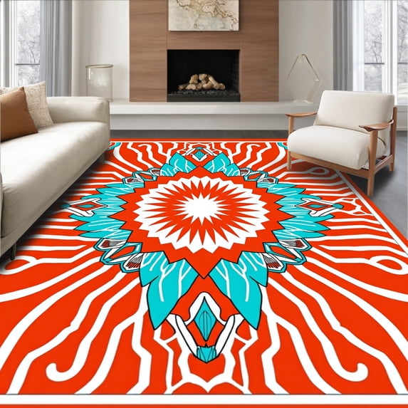 ODIKA 8'x10' Machine Washable Non-Slip Area Rug, Sunburst Lattice Design Featuring Cascading and Art High Traffic Rug with Pad, Orange, 716905