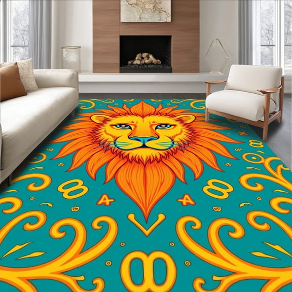 ODIKA 8'x10' Machine Washable Non-Slip Area Rug, Sunburst Mane Lion Alphabet Carnival Interlocking Fantasy High Traffic Rug, Orange, 690109