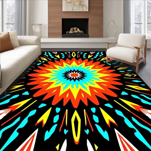 ODIKA 8'x10' Machine Washable Non-Slip Area Rug, Sunburst Medallion Crochet Hook Kit Canvas Embroidery Crafting Project High Traffic Rug, Black, 646083