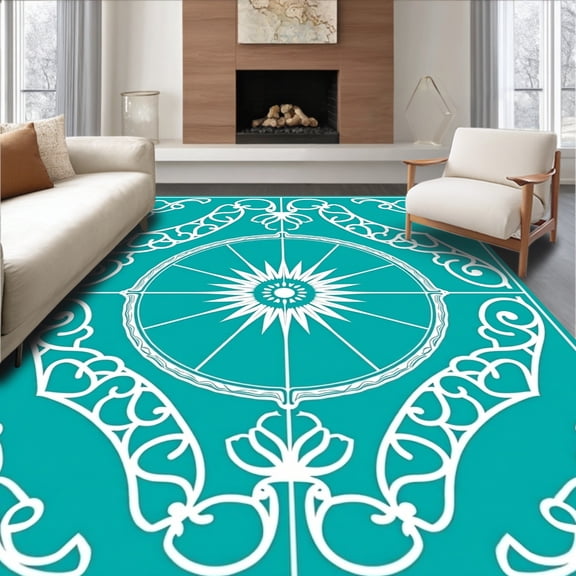 ODIKA 8'x10' Machine Washable Non-Slip Area Rug, Sunburst Medallion Motif with Interlocking Scrollwork High Traffic Rug, Blue, 716888