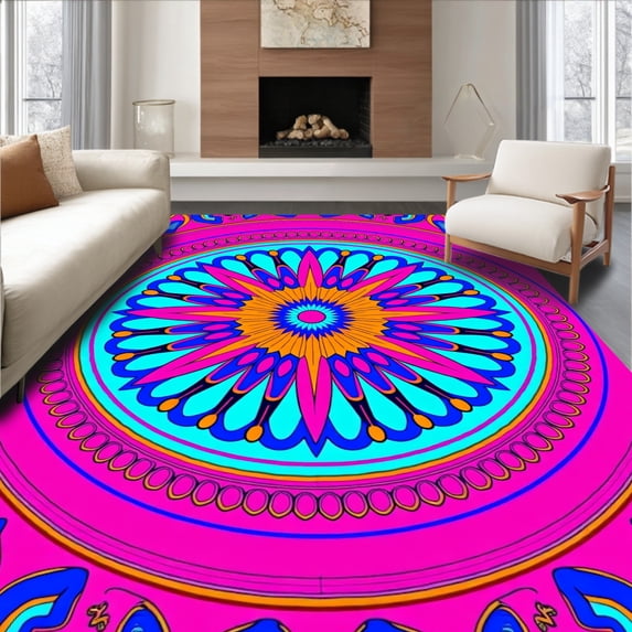 ODIKA 8'x10' Machine Washable Non-Slip Area Rug, Sunburst Medallion Vintage With Intricate Radial Design High Traffic Rug, Pink, 352451