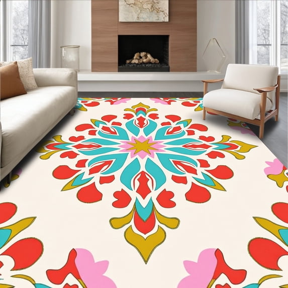 ODIKA 8'x10' Machine Washable Non-Slip Area Rug, Sunburst Mosaic Motif with Interlocking and Petal Details High Traffic Rug with Pad, Red, 598949