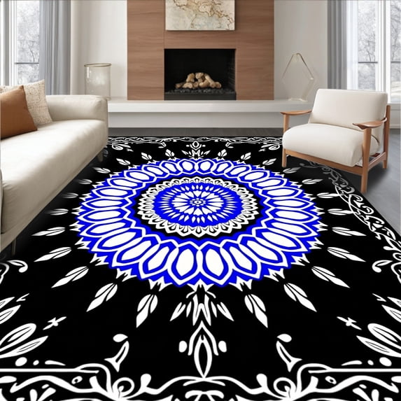 ODIKA 8'x10' Machine Washable Non-Slip Area Rug, Sunburst Petal Swirl Dreamcatcher Inspired Boho Art High Traffic Rug, Black, 713868