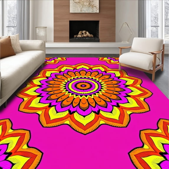 ODIKA 8'x10' Machine Washable Non-Slip Area Rug, Sunburst with Symmetrical Radial Design High Traffic Rug, Pink, 552159