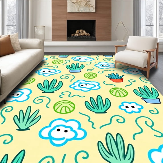 ODIKA 8'x10' Machine Washable Non-Slip Area Rug, Sunny Desert Doodle with Cute Cartoon Cacti and Swirling Cloud High Traffic Rug, Yellow, 721909
