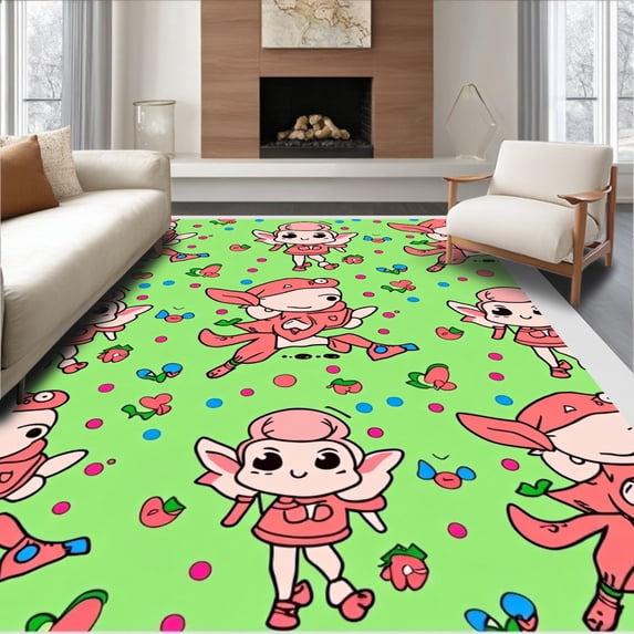 ODIKA 8'x10' Machine Washable Non-Slip Area Rug, Supernatural Quick Dry featuring Lovable Goblin Motifs High Traffic Rug with Pad, Green, 725617