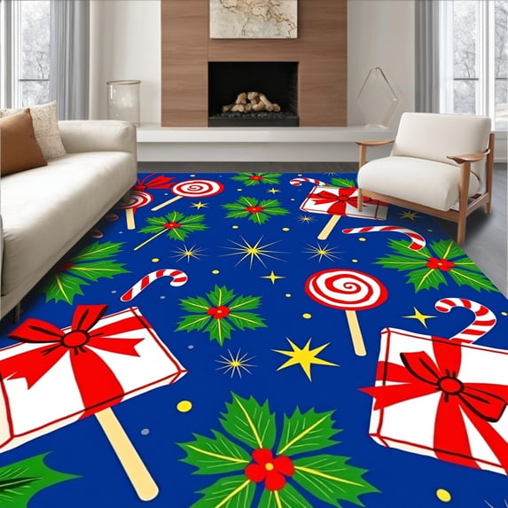 ODIKA 8'x10' Machine Washable Non-Slip Area Rug, Sweet Workshop with Lollipops Gift Boxes and Festive Ribbons High Traffic Rug, Blue, 647109