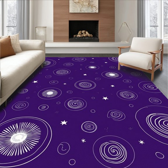 ODIKA 8'x10' Machine Washable Non-Slip Area Rug, Swirling Galaxy Constellation with Starburst Motifs High Traffic Rug, Purple, 462279