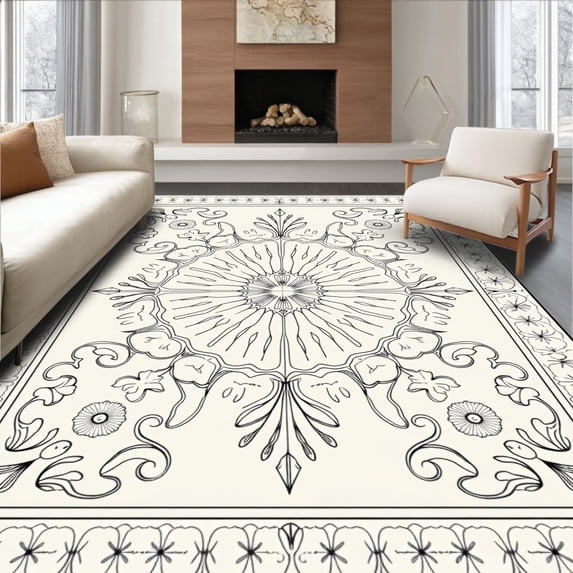 ODIKA 8'x10' Machine Washable Non-Slip Area Rug, Symmetrical Floral Medallions with Delicate Line Detailing High Traffic Rug, Black, 463914